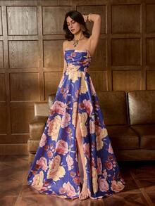 Faeriesty 印花优雅春夏花卉抹胸长裙，高开衩侧裙 - 非常适合红毯庆典、婚礼、高档晚宴、舞会和艺术画廊活动