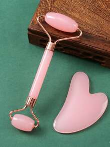 2pcs/1pc Heart-Shaped Rose Quartz Roller Massager - Face Beauty Massage Board With Dual Rollers, Anti-Aging Resin Face Roller And Gua Tool Set For Face, Eyes And Neck - Natural Skincare Beauty Tool To Relieve Wrinkles