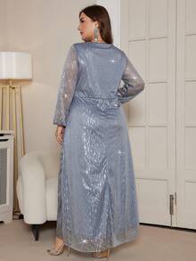DEARCASE Plus Size Elegant Shiny Twist Pattern Long Sleeve Dress - Dark Blue - View 2