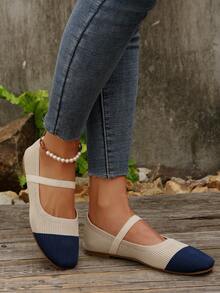 2025 秋季女士休闲软底方头松紧带拼色平底鞋，室内外均可穿着 - 米藍 - 查看 7