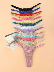 14pcs Women's Assorted Lace Thongs - Sexy Low Waist, Adjustable Straps, Floral Pattern With Bow Details, Breathable Nylon Blended Panties, Intimate Apparel | Floral Pattern Underwear | Nylon Blended Fabric - Multicolor - View 3