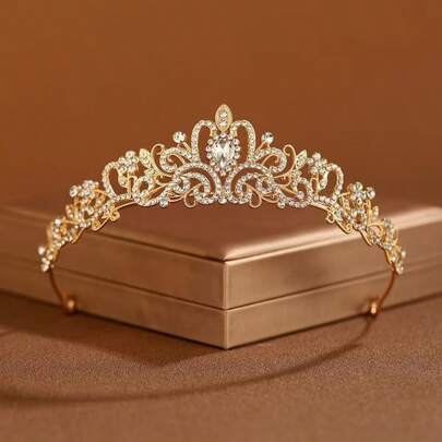 Elegant Golden Princess Tiara – Sparkling Rhinestone & Glass Stone Bridal Crown For Weddings, Balls, Birthdays | Women's Alloy Party Headpiece With Crystal Design – Cosplay & Photo Shoot Accessories