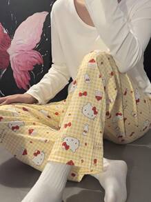 Pantalón de estar por casa con estampado de dibujos animados adorable para mujeres, de corte cómodo y holgado, apto para todas las estaciones
