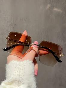 1pc/2pcs European And American Style Square Frame Women's Fashion Glasses, Summer Accessory, Hair Accessory, Versatile, Great Value - Gold Frame Double Tea - View 3