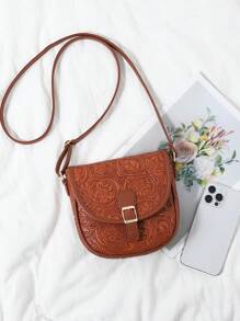 Bolso cruzado con estampado de flores en relieve para mujer, bolso de hombro vintage tipo silla de montar, bolso bandolera de mujer de piel sintética PU con diseño lindo para teléfono celular, bolso básico y versátil para uso diario, perfecto para eventos tipo rodeo