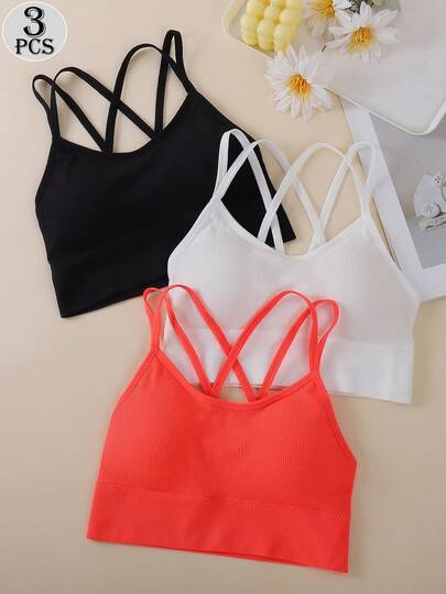 3件装女士纯色后背交叉运动文胸