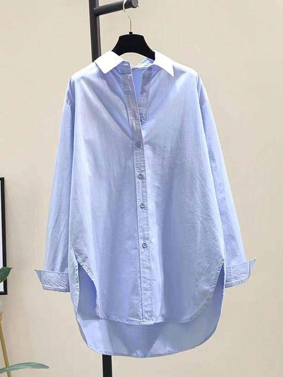 Minimalistyczny damski luźny sweter z klapami i długim rękawem, z kołnierzykiem koszulowym i asymetrycznym dołem