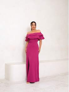 Long Off-The-Shoulder Mermaid Dress With Slit For Wedding Bridesmaid Bride Graduation And General Event - Rose Red - View 2