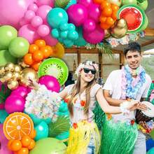 117 Stücke Tropisch Hawaiianischer Luftballon Bogen Dekor Set, grün, rosa, orange, goldener hawaiianischer Stil mit Wassermelonen- und Orangenform Folienballons, geeignet für Strandparty, Geburtstag, Pool Dekoration - Verschiedenfarbig - Übersicht 3