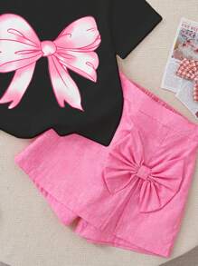 Set de 2 piezas de blusa de manga corta con estampado de mariposa y shorts falda rosa para niñas pequeñas, lindo y dulce para salidas de vacaciones en verano
