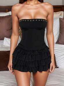 Women Summer Strapless Lace Up Back Bodycon Tube Mini Dress - màu đen - Xem 2