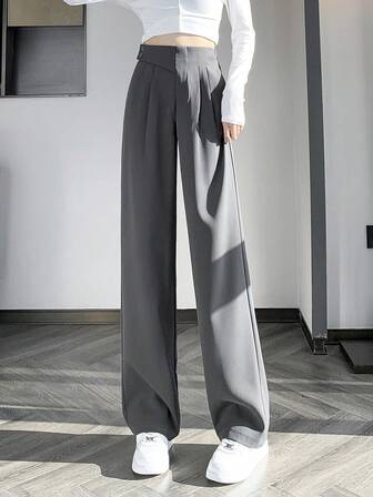 女式纯色高腰直筒褶皱休闲裤