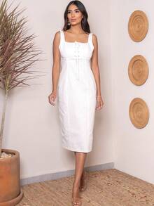Vestido de tirantes con cordón delantero  con abertura parte  tracera Color sólido Elegante abertura con cremallera - Blanco - Ver 3