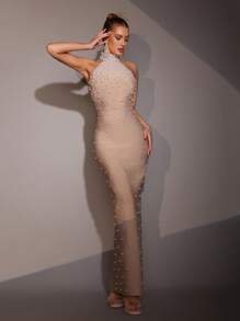 Modphy New Heavy Industry Pearl Bead Halter Neck Sleeveless Tight Sexy Long Bandage Dress Elegant Ladies Formal Dinner Dress Fashion Birthday Party Ladies Formal Dinner Carnival Easter Dress, Gown, For Evening, Wedding Guest