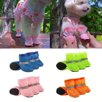 Bộ 4 đôi giày lưới thoáng khí cho chó, giày lưới phản quang chống mài mòn, giày rỗng chống trượt cho chó, kiểu dáng mùa xuân.