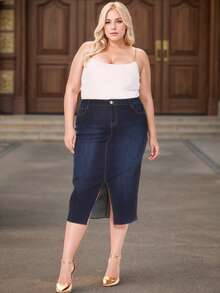 Women's Basic 5 Pockets Stretch Denim Pencil Skirt With Front Slit - Dark Indigo - View 5