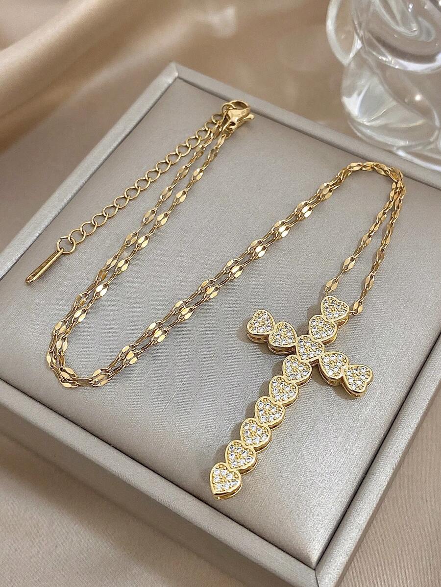 1Pc Elegant Luxe Cross Charms Heart Zirconia Necklace For Women Men Couples, Halloween Christmas Mom Gift Thanksgiving Wedding Jewelry Gift For Anniversary Valentine's Day Boho Jewelry Daily Party