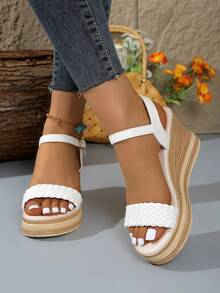 Sandalias de plataforma tejidas para mujer, zapatos de playa casuales de punta abierta con suela gruesa, sandalias cómodas con correa de hebilla, sandalias de verano - Blanco - Ver 2