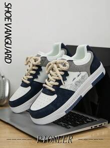 Men's Fashion Contrast Color Patchwork Random Printed Low-Top Skateboard Shoes, Romantic Campus Style Outdoor Walking Casual Sneakers