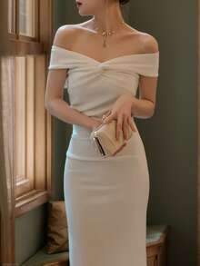法式时尚纯色性感露肩连衣裙女优雅认证订婚新娘生日晚礼服，夏季百搭包臀开衩晚会晚礼服，婚礼宾客鸡尾酒会礼服 - 白色 - 查看 10