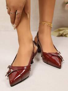 New French Cross-Buckle High Heel Sandals Women, Pointed Toe High Heels With Rear Strap - Burgundy - View 4