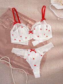 1 套女士白色心形印花蕾丝花边文胸套装