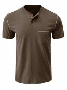 Men's Summer Henley Fitted Soft Stylish Contrast Color Button Down Crew Neck Short Sleeve Casual T-Shirt Tops - Army Green - View 6