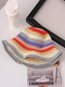 1pc Women's Summer New Knitted Rainbow Woven Bucket Hat, Fashion Versatile Breathable Sun Hat, Suitable For Outdoor Travel And Strolling - Ten Color Rainbow Straw Hat - View 7