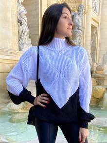 Women's Turtleneck Knit Winter New Arrival Dropped Shoulder High Quality Blouse - 黑色和米色 - 查看 5