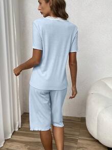 Bộ đồ ngủ áo ngắn tay phối ren màu tương phản dành cho nữ và quần short, phù hợp cho mùa xuân, mùa hè, màu xanh nhạt mát mẻ - Màu xanh lam - Xem 2