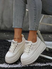 秋冬女士休闲运动鞋新款时尚白黑厚底厚底鞋 - 白色 - 查看 5