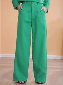 Conjunto feminino blusa de manga comprida de malha combinada com calça reta com cós elástico e bolso - Verde - Visão 2