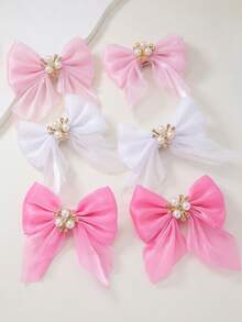 14pcs/Set Girls Rhinestone & Pearl Flower Solid Color Mesh Bow Hair Clips, Simple Princess Cute Hair Accessories, Daily Use - Multicolor - View 12