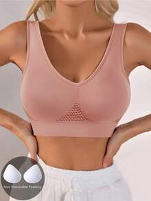 Women's Wireless Sports Bra With Removable Pads, Comfort Breathable Seamless Support Racerback Bra Top - Pink - View 4