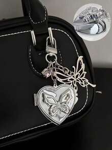 Heart-Shaped Bow Decor Mirror Keychain, Vintage Y2K Cute Versatile Bag Charm, Bag Accessory Keychain, Small Gift For Women On Birthday, Valentine's Day, Mother's Day, Couple Bag Decor, Suitable For Teenage Girls, Women, College Students, Beginners - Silver - View 1