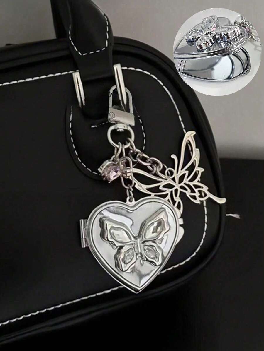Heart-Shaped Bow Decor Mirror Keychain, Vintage Y2K Cute Versatile Bag Charm, Bag Accessory Keychain, Small Gift For Women On Birthday, Valentine's Day, Mother's Day, Couple Bag Decor, Suitable For Teenage Girls, Women, College Students, Beginners - Silver - View 1