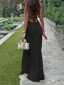 性感露背吊带长裙，优雅迷人 - 黑色 - 查看 5