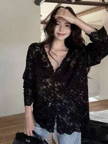 Sexy V-Neck Black Lace Blouse, Lightweight Cardigan Sheer Design Long Sleeve Top For Spring/Summer - Black - View 3