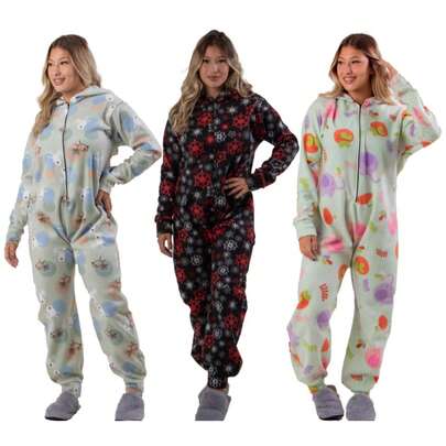 Macacão Soft Juvenil e Adulto Pijama Longo Inverno Estampado com Zíper
