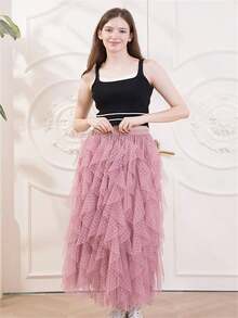 1pc Women's Polka Dot Asymmetric Ruffle Layered Tulle Skirt - Bean Paste - View 2