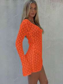 Women's Summer Vacation V-Neck Sheer Mesh Hollow Out Knot Button Crochet Long Sleeve Cover Up Sexy Solid Color Bodycon Mini Knit Beach Bikini Dress, Spring Fall