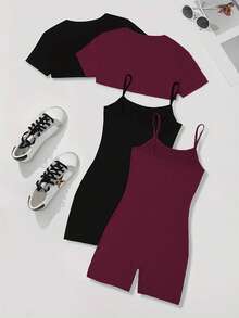 2 peças/Conjunto Shorts Casuais, Camiseta Curta de Gola Redonda e Calça Cargo Minimalista, Conjunto de Malha Verão Feminino 180G, Conjunto Casual