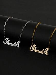 1pc Personalized Children Luxury Crown & Butterfly Monogram Name Stainless Steel Necklace,Customized For Delicate Gift For Kids,Gold Color Customized Jewelry Gift