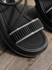 2025 Spring Summer New Fashion Women Thick Sole Wedge Heel Classic Elastic Strap Roman Sandals, Open Toe Shiny Rivet Platform Beach Slippers For Ladies - Black - View 8