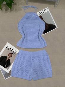 New Arrival Women's Sexy Blue Knitted Sweater With Unique Design, Fatale Style - Blue - View 3