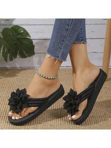 女士时尚舒适轻便花卉人字拖，休闲沙滩凉鞋