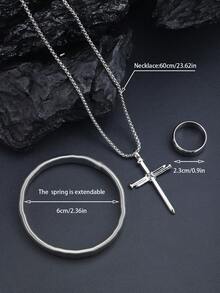 3pcs/Set Men' Jewelry Set,Necklace+Bracelet+Ring, Black Retro Style Cross Pendant Necklace,Religious Neck Jewelry,Perfect Jewelry Gift For Your Friends - A - View 4