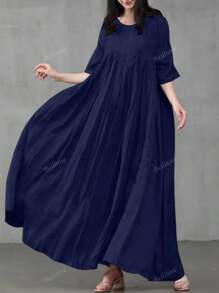 Women's Solid Color Round Neck 3/4 Sleeve Pleated Casual Long Dress