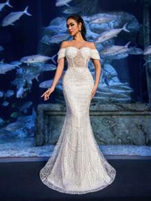 Faeriesty Đầm dạ hội đuôi cá hở vai thanh lịch đính sequin với đuôi váy dài chạm sàn – dáng trumpet ôm sát, đính cườm tinh xảo khắp thân váy, thích hợp cho các sự kiện thảm đỏ, đám cưới sang trọng và tiệc dạ hội trang trọng. - trắng - Xem 7