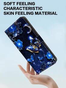 GLANDOTU Compatible With Samsung Galaxy Redmi Creative Colourful PU Leather Mobile Phone Wallet With Blue Butterfly Pattern Design, Double Folded Edge, Card Slot And Card Holder With Lanyard